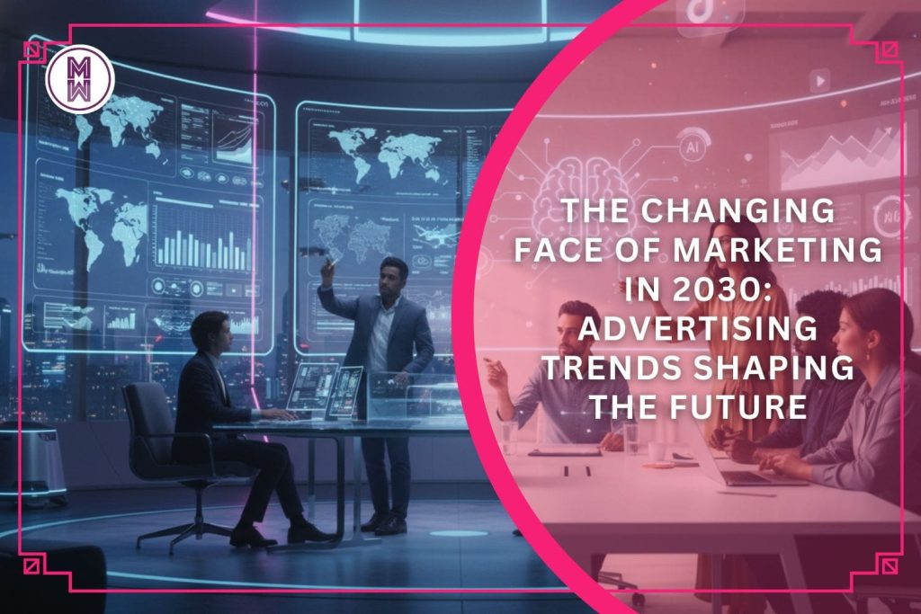 Digital marketers collaborating in a futuristic workspace with AI tools, holographic data, and creative content visuals — representing the future of marketing in 2030.