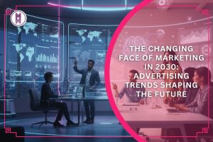 Digital marketers collaborating in a futuristic workspace with AI tools, holographic data, and creative content visuals — representing the future of marketing in 2030.