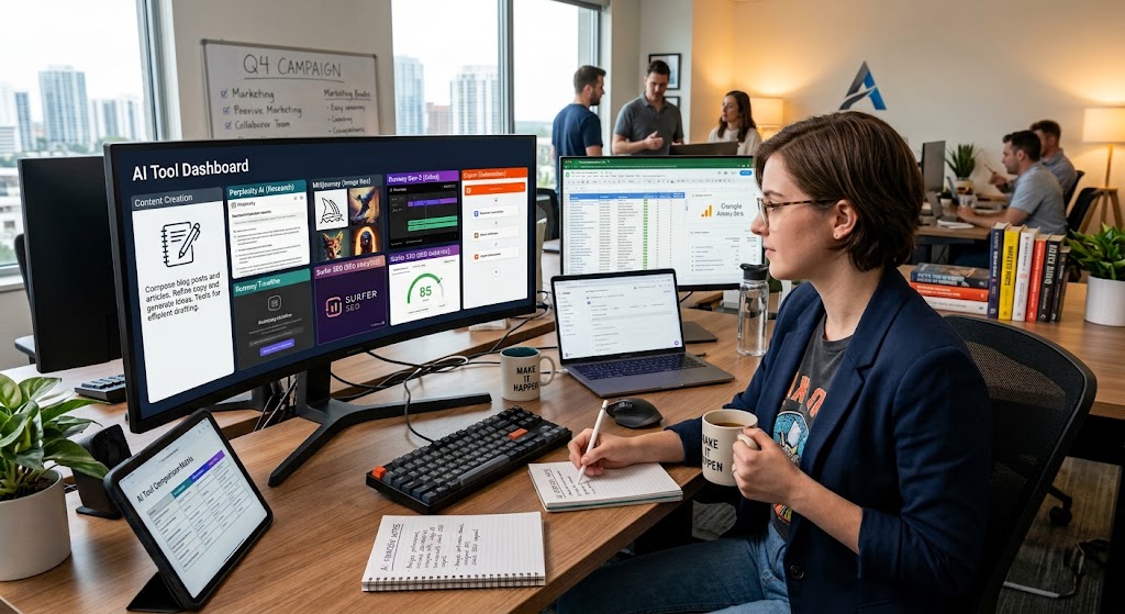 marketer-reviewing-multiple-AI-tools-dashboard